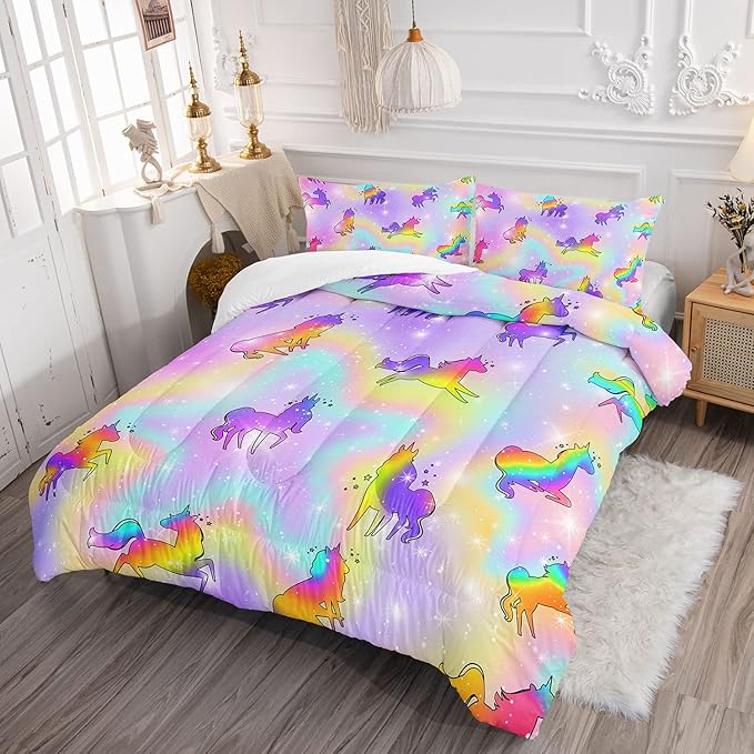 Datura home Unicorn Rainbow Comforter Bedding Set for Girls Kids Children Teens,Sky Glitter Star Colorful Bedding Set with 1 Comforter and 2 Pillowcases(Unicorn3 Queen) - LeafyLoom