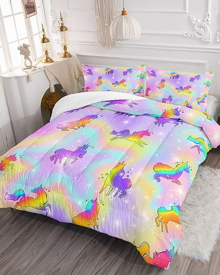 Datura home Unicorn Rainbow Comforter Bedding Set for Girls Kids Children Teens,Sky Glitter Star Colorful Bedding Set with 1 Comforter and 2 Pillowcases(Unicorn3 Twin) - LeafyLoom