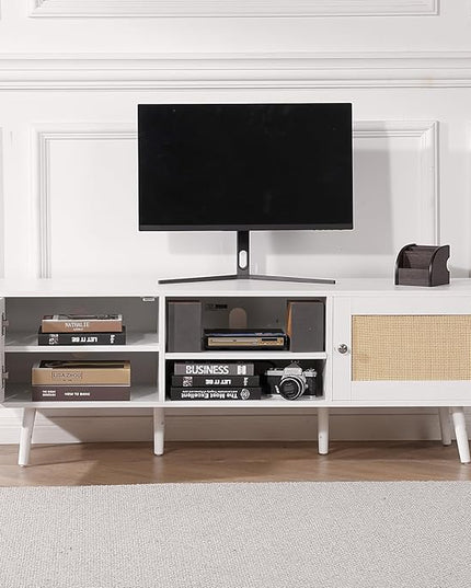 VEVOR Rattan TV Stand for 65 inch TV, Boho TV Stand with Rattan Door, Entertainment Center with Build-in Socket and USB Ports, Modern TV Console for Living Room, Media Room, White - LeafyLoom