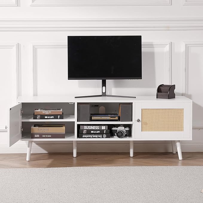 VEVOR Rattan TV Stand for 65 inch TV, Boho TV Stand with Rattan Door, Entertainment Center with Build-in Socket and USB Ports, Modern TV Console for Living Room, Media Room, White - LeafyLoom