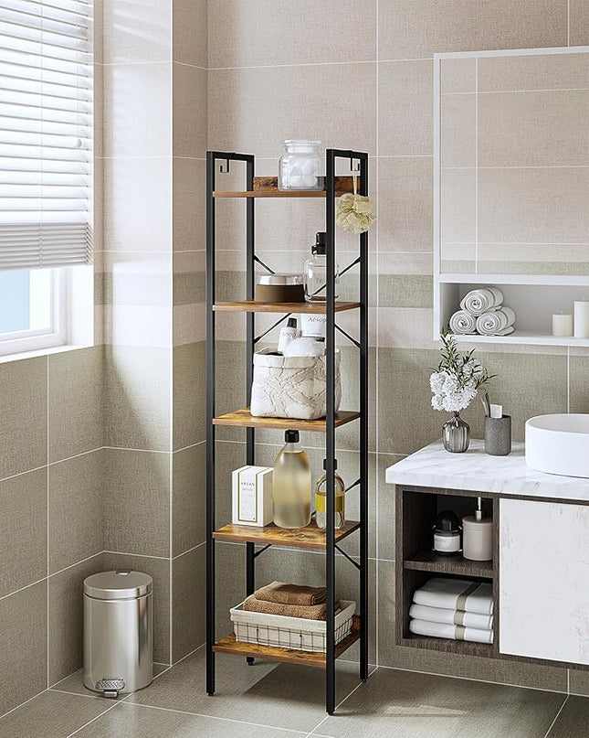 Bookshelf, Book Shelf, Industrial Bookcase with 2 Hooks, Coner Shelf Storage Organizer for Home Office, Living Room, Bedroom, Kitchen, 5-Tier Rustic Brown BC10501B - LeafyLoom