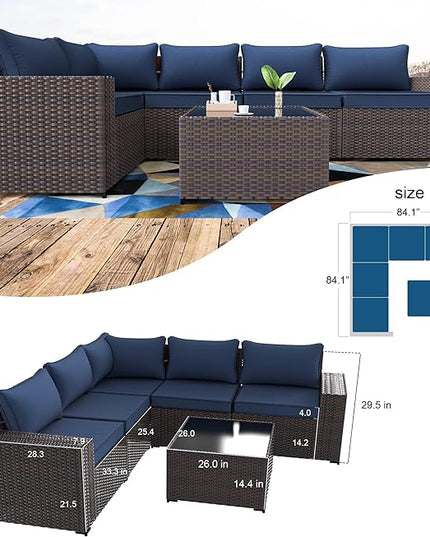 Kullavik 6PCS Outdoor Patio Furniture Set PE Wicker Rattan Sectional Sofa Patio Conversation Sets,Navy blue - LeafyLoom