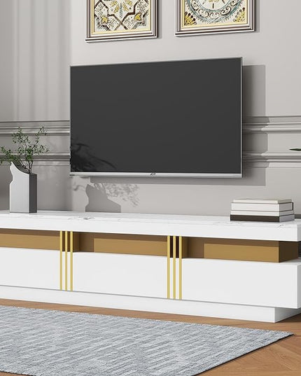 Merax Luxury TV Stand with High Gloss Faux Marble Top, Golden Panel Design, and 3 Drawers for Televisions Up to 78'', Rectangle Media Console, Practical Entertainment Center for Living Room, White - LeafyLoom