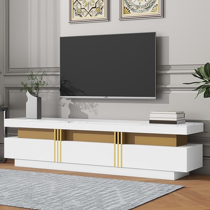 Merax Luxury TV Stand with High Gloss Faux Marble Top, Golden Panel Design, and 3 Drawers for Televisions Up to 78'', Rectangle Media Console, Practical Entertainment Center for Living Room, White - LeafyLoom
