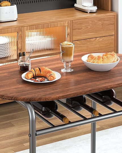 VECELO 3-Piece Dining Table Set for Kitchen Breakfast Nook, Wood Grain Oval Tabletop and Metal Frame with Built-in Wine Rack, for Small Spaces, 31.5", Brown & Silver - LeafyLoom