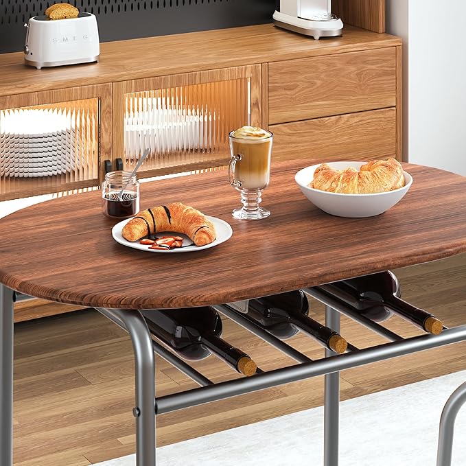 VECELO 3-Piece Dining Table Set for Kitchen Breakfast Nook, Wood Grain Oval Tabletop and Metal Frame with Built-in Wine Rack, for Small Spaces, 31.5", Brown & Silver - LeafyLoom