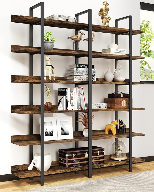 Bookshelf, 82.7" Double Wide 6 Tier Industrial Wooden Bookcase Large Wall Etagere Rustic Vintage Tall Book Shelf with Metal Frame Open Storage Rack for Living Room Home Office - LeafyLoom