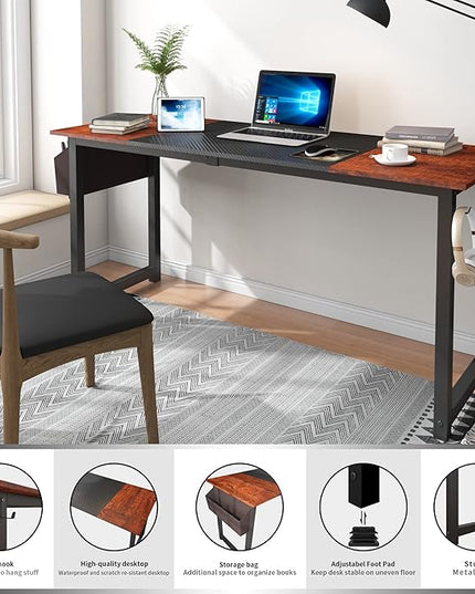 63 Inch Home Office Computer Two-Color Panel Desk with Storage Bag and Hook, Black, Sandalwood Color, Industrial Modern Laptop Desk - LeafyLoom