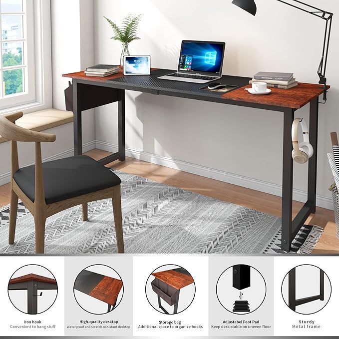 63 Inch Home Office Computer Two-Color Panel Desk with Storage Bag and Hook, Black, Sandalwood Color, Industrial Modern Laptop Desk - LeafyLoom