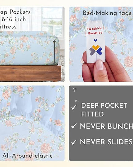 California Design Den Floral Sheets for Queen Size Bed, 4 Piece 100% Cotton Sheets Set, Luxury 400 Thread Count Sateen, Deep Pocket Queen Sheets (Antique Rose) - LeafyLoom