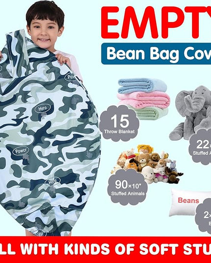 Lukeight Stuffed Animal Storage Bean Bag Chair Cover for Kids, Zipper Beanbag Chair Cover for Organizing Toddler & Kids' Rooms Plush Toys (Camo Velvet, X-Large) - LeafyLoom