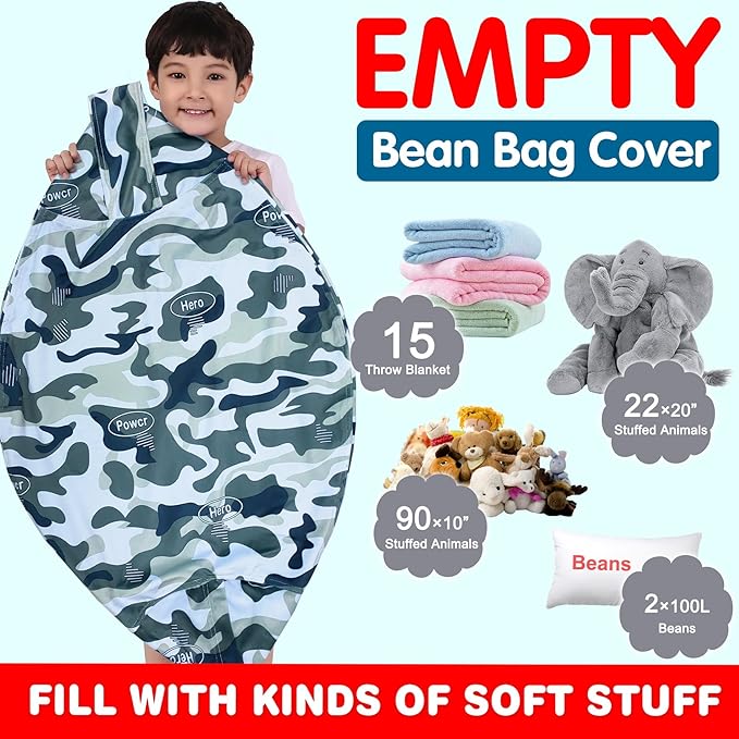 Lukeight Stuffed Animal Storage Bean Bag Chair Cover for Kids, Zipper Beanbag Chair Cover for Organizing Toddler & Kids' Rooms Plush Toys (Camo Velvet, X-Large) - LeafyLoom