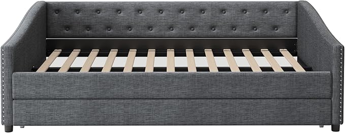 Full Size Upholstered Daybed with Twin-Size Trundle,Elegant Wood Bed Frame w/Button Tufted Back and Waved Shape Arms & Nailhead,Slat Support,Sofa Bed for Apartment,Bedroom,Dark Grey - LeafyLoom