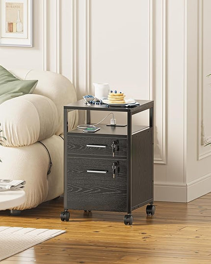 SUPERJARE File Cabinet with Lock & Charging Station, 2 Drawers Rolling Filing Cabinet, Office File Cabinet with Wheels & Open Shelf, for Home Office, A4/Letter Size Files Under Desk - Black - LeafyLoom