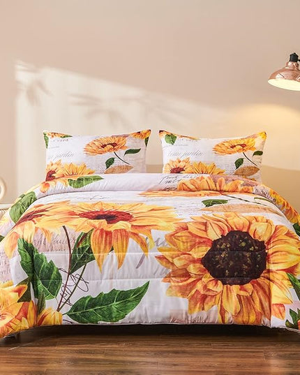 Sunflower Comforter Sets,Seamless Pattern with Hand Drawn Vibrant Yellow Watercolor Sunflowers on The Background,Decorative Bedding Comforter Sets with 2 Pillow Shams, Twin Size - LeafyLoom