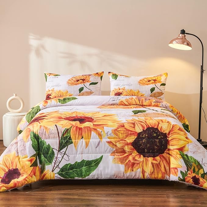 Sunflower Comforter Sets,Seamless Pattern with Hand Drawn Vibrant Yellow Watercolor Sunflowers on The Background,Decorative Bedding Comforter Sets with 2 Pillow Shams, Twin Size - LeafyLoom