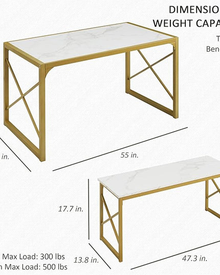 VECELO Kitchen Table with 2 Benches for 6,Wood Dining Room Dinette Sets with Metal Frame for Breakfast Nook and Small Space, 55", White&Gold - LeafyLoom