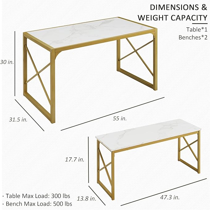 VECELO Kitchen Table with 2 Benches for 6,Wood Dining Room Dinette Sets with Metal Frame for Breakfast Nook and Small Space, 55", White&Gold - LeafyLoom