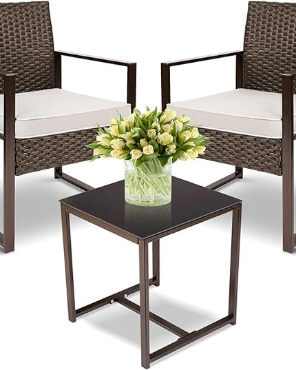 YIYAN Patio Furniture Set 3 Pieces Outdoor Rattan Chair Wicker Sofa Garden Conversation Bistro Sets with Coffee Table,Comfortable Washable Cushions (White) - LeafyLoom