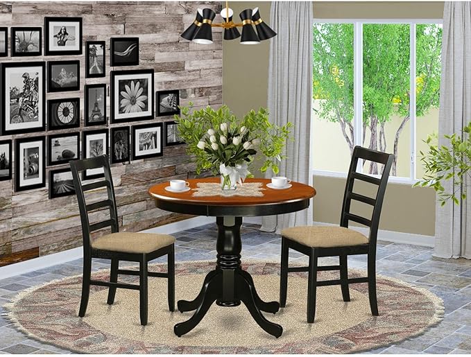 East West Furniture ANPF3-BLK-C 3 Piece Kitchen Set Contains a Round Dining Room Table with Pedestal and 2 Linen Fabric Upholstered Chairs, 36x36 Inch - LeafyLoom