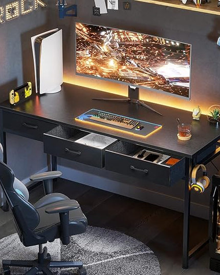 ODK 55 Inch Computer Desk with 3 Cloth Drawers for Home Office, Vanity Desk with Storage and Hook for Bedroom, Work Desk, Study Writing Table, Black - LeafyLoom