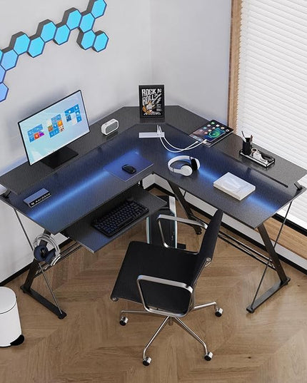 L Shaped Gaming Desk with LED Lights and Power Outlet, Computer Desk with Monitor Stand, Untimate Corner Desk with Hooks and Keyboard Tray, Carbon Fiber, Black - LeafyLoom