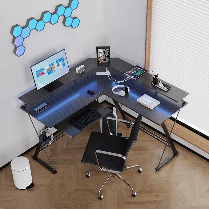L Shaped Gaming Desk with LED Lights and Power Outlet, Computer Desk with Monitor Stand, Untimate Corner Desk with Hooks and Keyboard Tray, Carbon Fiber, Black - LeafyLoom