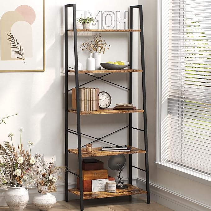 Yusong Bookshelf, Ladder Shelf 5-Tier Bookcase for Bedroom, Industrial Book Shelves Storage Rack with Metal Frame for Home Office, Rustic Brown - LeafyLoom