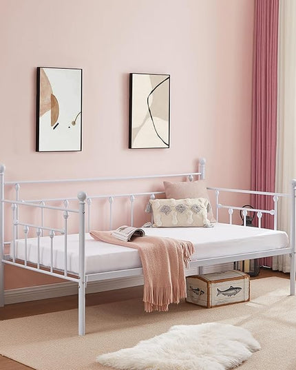 VECELO Twin Size Daybed Frame Metal Steel Slat Support with Headboard Sofa Bed Platform for Living Room, Guest Room, Easy Assembly, White - LeafyLoom