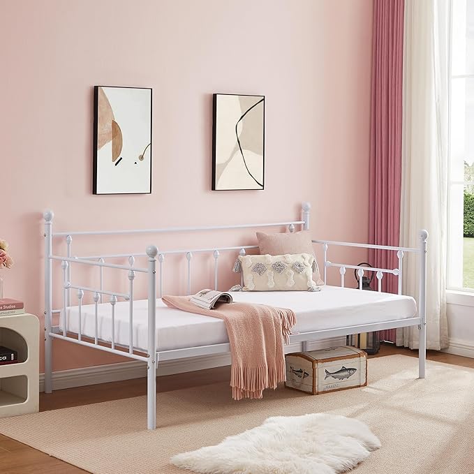 VECELO Twin Size Daybed Frame Metal Steel Slat Support with Headboard Sofa Bed Platform for Living Room, Guest Room, Easy Assembly, White - LeafyLoom