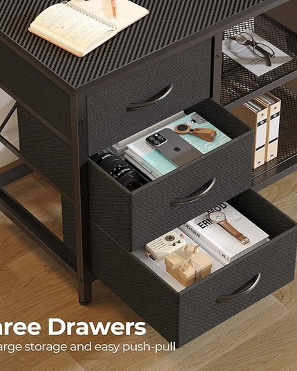 Seventable L Shaped Computer Desk with Drawers, Reversible Gaming Desk with LED Lights & Charging Port, Corner Desk with Storage Shelves & Monitor Stand for Home Office Carbon Fiber Black - LeafyLoom