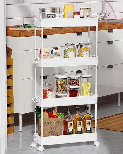 SPACEKEEPER Slim Rolling Storage Cart 4 Tier Bathroom Organizer Mobile Shelving Unit Utility Cart Tower Rack for Kitchen Laundry Narrow Places, White - LeafyLoom