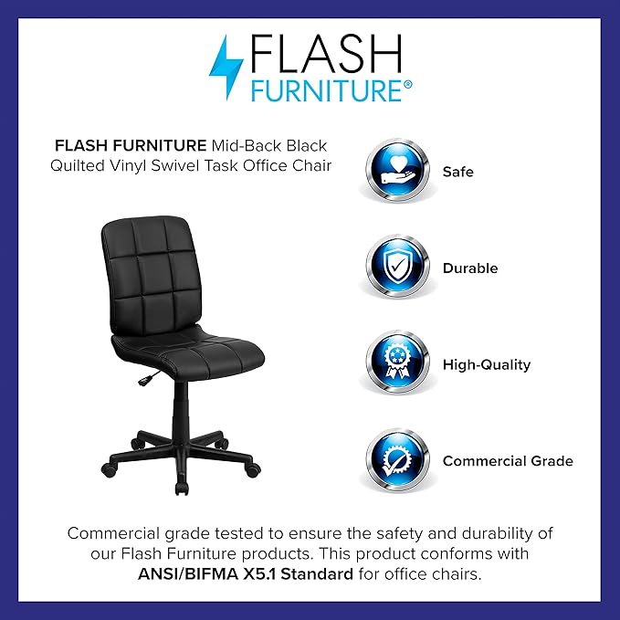 Flash Furniture Clayton Mid-Back Tufted Vinyl Upholstered Swivel Desk Chair with Padded Seat, Modern Adjustable Height Padded Office Chair, Black - LeafyLoom