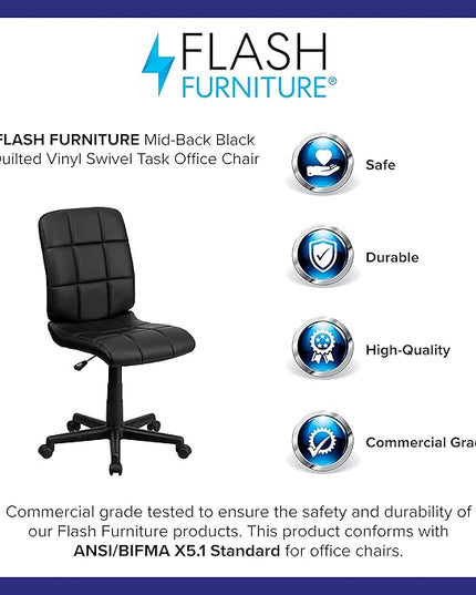 Flash Furniture Clayton Mid-Back Tufted Vinyl Upholstered Swivel Desk Chair with Padded Seat, Modern Adjustable Height Padded Office Chair, Black - LeafyLoom