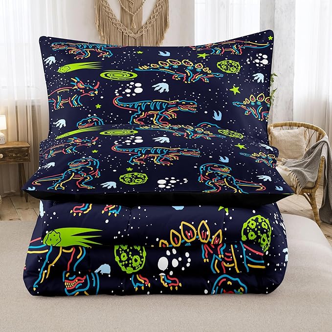 NINENINE Dinosaur Bedding Sets for Boys Kids,Dark Blue Retro Dinosaur Comforter Set,Queen Size Comforter Sets for Kids,with 1 Comforter 2 Pillowcases… - LeafyLoom