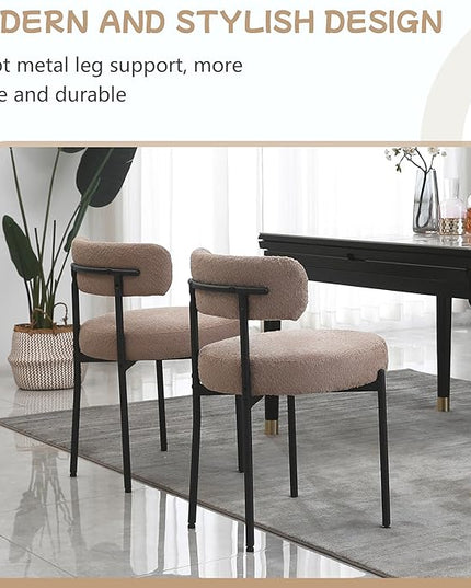 Light Brown Dining Chairs Set of 2 Round Upholstered Boucle Dining Room Chairs Mid-Century Modern Kitchen Chairs Curved Backrest Chairs for Dining Room Black Metal Legs - LeafyLoom