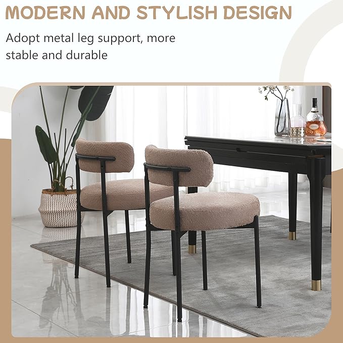 Light Brown Dining Chairs Set of 2 Round Upholstered Boucle Dining Room Chairs Mid-Century Modern Kitchen Chairs Curved Backrest Chairs for Dining Room Black Metal Legs - LeafyLoom