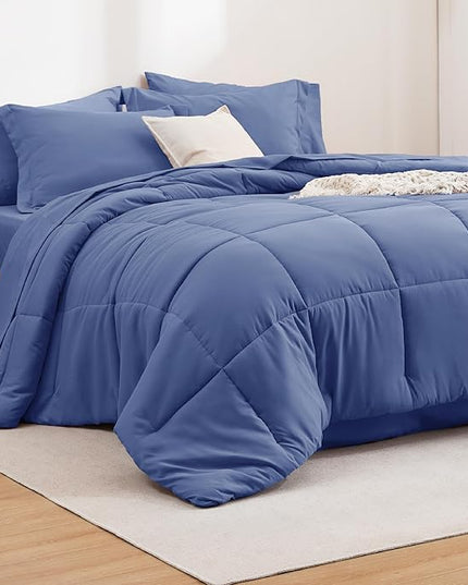 Bedsure Infinity Blue Twin Comforter Set - 5 Pieces Solid Twin Bed in a Bag, Twin Bed Set Infinity Blue with Comforters, Sheets, Pillowcase & Sham - LeafyLoom