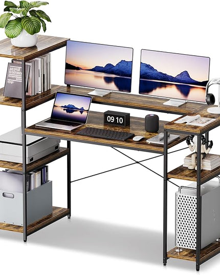 63-Inch Industrial Home Office Desk with Bookshelf, Gaming Computer Desk with Monitor Stand and Printer Shelf for Study, Writing, PC Work - LeafyLoom