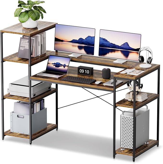 63-Inch Industrial Home Office Desk with Bookshelf, Gaming Computer Desk with Monitor Stand and Printer Shelf for Study, Writing, PC Work - LeafyLoom
