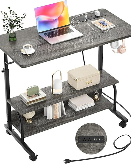 Height Adjustable Standing Desk with Power Outlets, 32" Manual Stand Up Desk with Storage Shelves Small Mobile Rolling Computer Desk Portable Laptop Table with Wheels for Home Office, Grey Oak - LeafyLoom