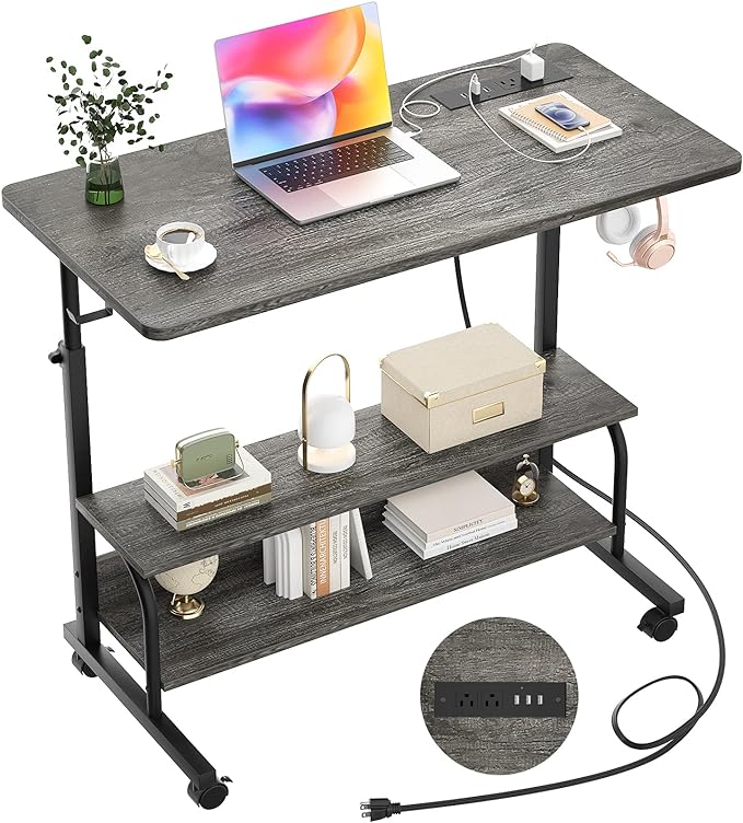 Height Adjustable Standing Desk with Power Outlets, 32" Manual Stand Up Desk with Storage Shelves Small Mobile Rolling Computer Desk Portable Laptop Table with Wheels for Home Office, Grey Oak - LeafyLoom