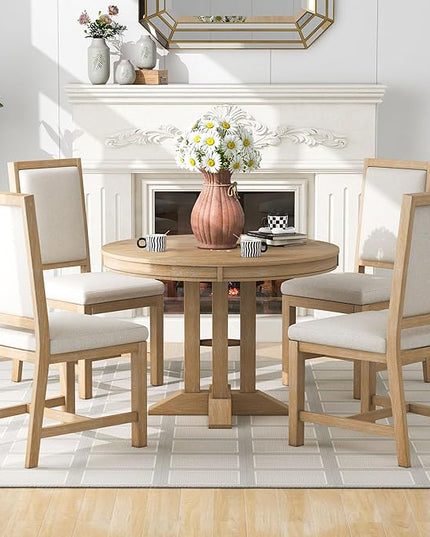Farmhouse 5-Piece Dining Set, Included Retro Extendable Round Table with X-Shape Base and 4 Upholstered Chairs, Solid Wood Adjustable Dinette Furniture for Kitchen Living Room, Natural - LeafyLoom