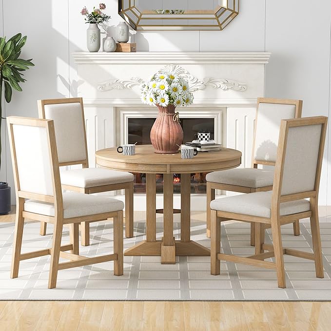 Farmhouse 5-Piece Dining Set, Included Retro Extendable Round Table with X-Shape Base and 4 Upholstered Chairs, Solid Wood Adjustable Dinette Furniture for Kitchen Living Room, Natural - LeafyLoom
