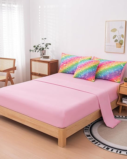 Full Size Comforter Sets for Girls, Kids Bedding Sets for Girls, Rainbow Comforter Full, 6 Pcs Bed in a Bag Girls (1Comforter, 1Flat Sheet, 1Fitted Sheet, 1 Pillow Cover, 2Pillowcases) - LeafyLoom