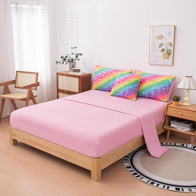 Full Size Comforter Sets for Girls, Kids Bedding Sets for Girls, Rainbow Comforter Full, 6 Pcs Bed in a Bag Girls (1Comforter, 1Flat Sheet, 1Fitted Sheet, 1 Pillow Cover, 2Pillowcases) - LeafyLoom
