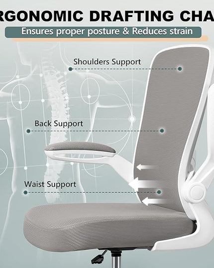 FelixKing Drafting Chair Ergonomic Tall Office Chair, Breathable Mesh Chair with Adjustable Footrest Ring Lumbar Support Flip-up Armrests, High Back Executive Comfy Task Computer Chair for Home Office - LeafyLoom