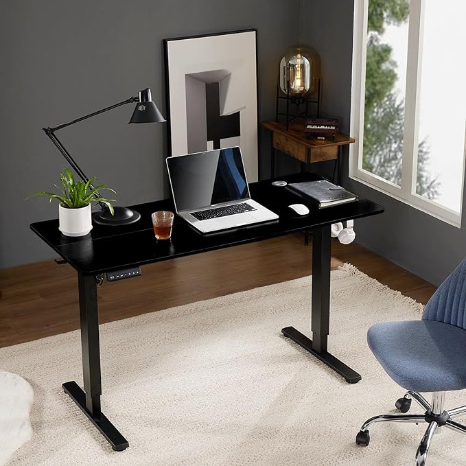 Sweetcrispy Electric Adjustable Height Standing Desk - 55 x 24 inch Sit to Stand Up Desk with Splice Board, Rising Home Office Computer Table with 2 Hook and Wire Hole for Work - LeafyLoom