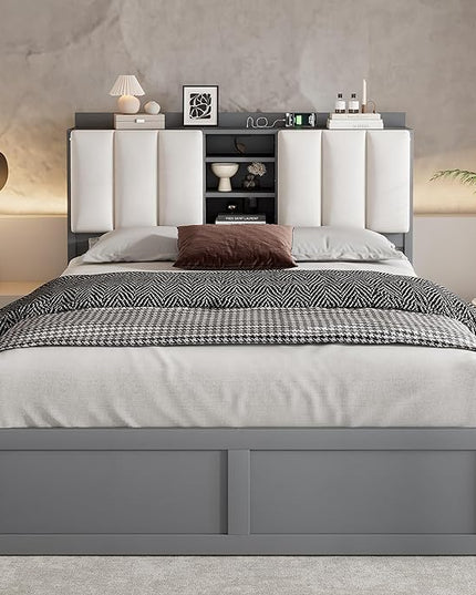 Wood Full Size Platform Bed with Storage Headboard and 4 Drawers, Gray - LeafyLoom