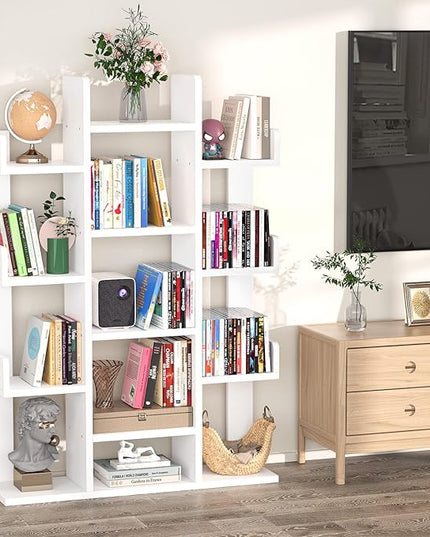 Aheaplus Bookshelf, Tree-Shaped Bookcase Storage Shelf with 13 compartments, Books Organizer Display Cube Shelves, Industrial Free Floor Standing Wood Open Bookshelves for Home, White - LeafyLoom